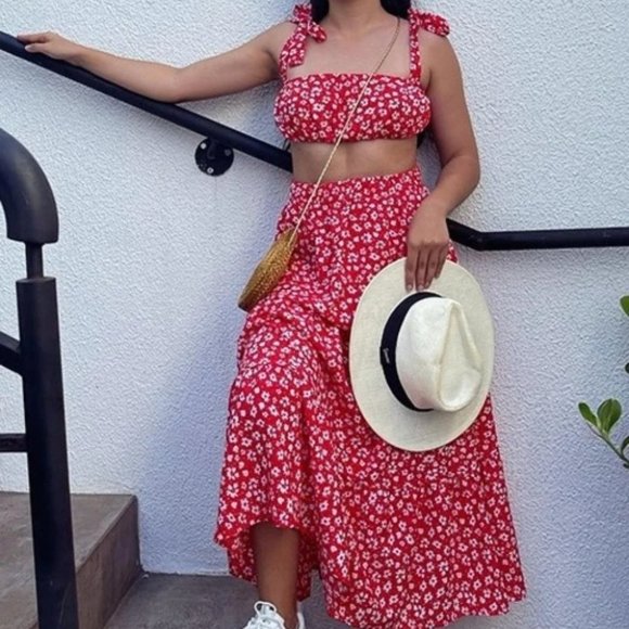 Floral Print Cami Top & maxi Skirt Set red - Picture 2 of 7